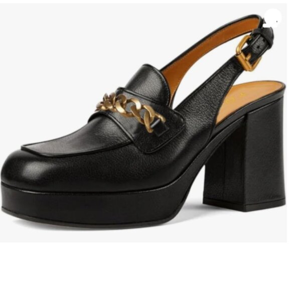 YDN Black Platform Square Toe Chunky Heel Slingback Strap Buckle Chains Pumps - Picture 1 of 8